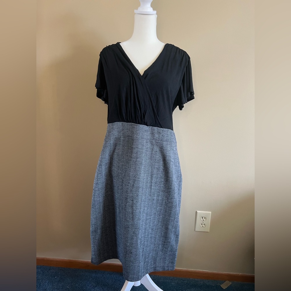 Merona Crossover Chest Black and Tweed Patterned Dress with Butterfly Sleeves
